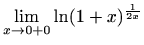$\displaystyle \lim_{x\to 0+0} \ln (1+x)^{\frac{1}{2x}}$