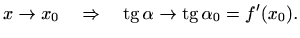 $\displaystyle x\to x_0 \quad \Rightarrow \quad \mathop{\mathrm{tg}}\nolimits \alpha\to \mathop{\mathrm{tg}}\nolimits \alpha_0=f'(x_0).
$