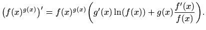 $\displaystyle \big(f(x)^{g(x)}\big)' =f(x)^{g(x)} \bigg(g'(x)\ln ( f(x) )+ g(x)
\frac{f'(x)}{f(x)}\bigg).
$