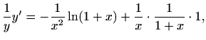 $\displaystyle \frac{1}{y}y'=-\frac{1}{x^2}\ln(1+x)+\frac{1}{x} \cdot\frac{1}{1+x}\cdot 1,
$