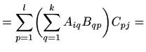 $\displaystyle = \sum_{p=1}^l \biggl( \sum_{q=1}^k A_{iq}B_{qp} \biggr) C_{pj} =$