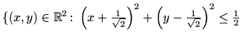 $ \{(x,y)\in \mathbb{R}^2\colon \left (x+\frac {1}{\sqrt {2}}\right )^2+\left (y-\frac {1}{\sqrt {2}}\right )^2\leq \frac {1}{2}$