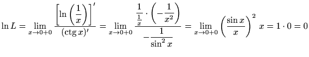 $\displaystyle \ln L
=\lim\limits_{x\to0+0}\frac{\displaystyle\left[\ln\left(\fr...
...{\sin^2x}}=\lim\limits_{x\to0+0}\left(\frac{\sin
x}{x}\right)^2 \, x=1\cdot0=0$