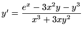 $ y'=\displaystyle \frac{e^x-3x^2y-y^3}{x^3+3xy^2}$