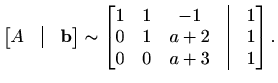 $\displaystyle \begin{bmatrix}A&\vline&\mathbf{b} \end{bmatrix}\sim\begin{bmatri...
...line& 1 \\
0 & 1 & a+2 &\vline& 1 \\
0 & 0 & a+3 &\vline& 1
\end{bmatrix}.$