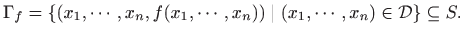 $\displaystyle \Gamma_f =\{(x_1,\cdots,x_n,f(x_1,\cdots,x_n))\mid
(x_1,\cdots,x_n)\in \mathcal{D}\}\subseteq S.
$