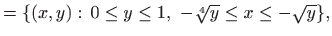 $\displaystyle =\{(x,y):   0\leq y\leq 1,  -\sqrt[4]{y}\leq x \leq -\sqrt{y}\},$