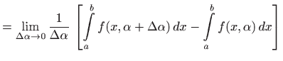 $\displaystyle =\lim_{\Delta \alpha \to 0} \frac{1}{\Delta \alpha}   \left[ \in...
...ts _a^b f(x,\alpha+\Delta \alpha)  dx-\int\limits _a^b f(x,\alpha)  dx\right]$