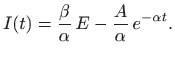 $\displaystyle I(t)= \frac{\beta}{\alpha}  E -\frac{A}{\alpha}  e^{-\alpha t}.
$