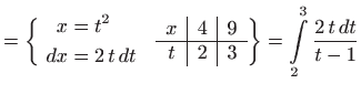 $\displaystyle =\bigg\{ \begin{aligned}x&=t^2    dx&=2 t  dt\quad \end{alig...
... \hline t & 2 & 3 \end{array} \bigg\} =\int\limits _2^3 \frac{2 t  dt}{t-1}$