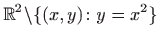 $ \displaystyle \mathbb{R}^2 \backslash \{(x,y) \colon
y=x^2\}$