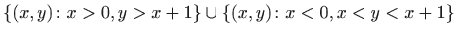 $ \displaystyle \{(x,y) \colon x>0,y> x+1\}\cup\{(x,y)
\colon x<0,x<y<x+1\}$