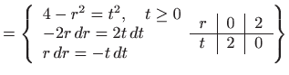 $\displaystyle =\left\{
 \begin{array}{l} 4-r^2=t^2,\quad t\ge 0  
 -2r  dr=2...
...rt l}
 $r$ & $0$ & $2$  \hline
 $t$ & $2$ & $0$
 \end{tabular}
 \right\}$