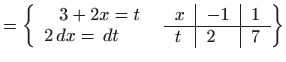 $\displaystyle =\left\{ \begin{array}{c} 3+2x=t  2 dx= dt \quad \quad \end{a...
...\vert l} $x$ & $-1$ & $1$  \hline $t$ & $2$ & $7$ \end{tabular} \right\}$