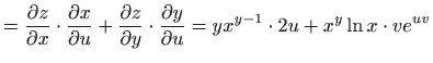 $\displaystyle = \frac{\partial z}{\partial x}\cdot \frac{\partial x}{\partial u...
...al y}\cdot \frac{\partial y}{\partial u}=yx^{y-1}\cdot 2u+x^y\ln x\cdot ve^{uv}$