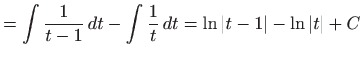 $\displaystyle =\int \frac{1}{t-1} dt-\int \frac{1}{t} dt=\ln \left\vert t-1\right\vert -\ln \left\vert t\right\vert +C$